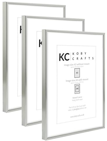Koby Crafts Pack of 3 Silver Picture Frames for A4 or A3 Images | 3 Pack Aluminium Metal A3 Wooden Photo Frames | Hang Portrait/Landscape | A4 Image Mount