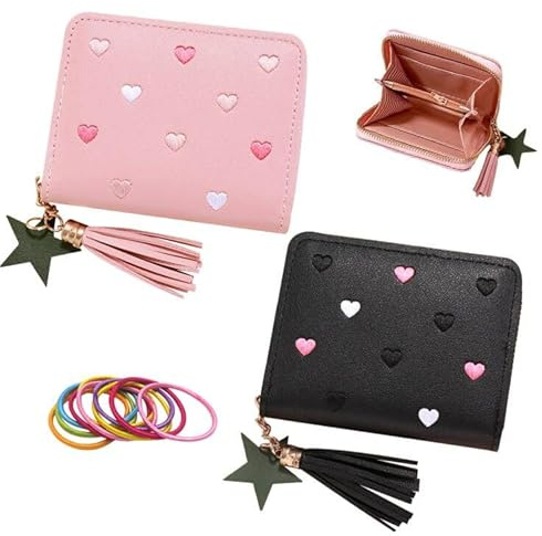SwirlColor Monedero Niña, 2 Piezas Linda Monedero Mujer Pequeño con Borla Asiento de Tarjeta PU Mini Monedero Tarjetero Niña Billetera para Mujeres y Niñas, con Banda Elástica (Rosa+Negra)