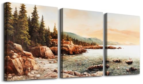 MHARTK66 Rotes Riff Aquarell Leinwand Bilder Set Wohnzimmer, Sonnenuntergang am Meer Landschafts Wandbilder Schlafzimmer, Natur Bilde Aesthetic, Modern Wandeko Wandkunst Badezimmer Flur Büro