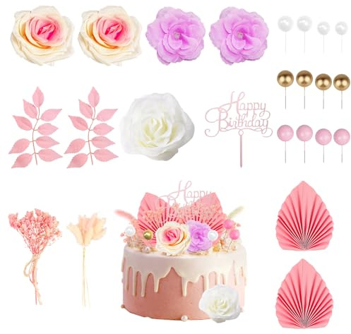 36 Stück Tortendeko Blumen Boho Tortendeko, Künstliche Rosenblüten Blätter Palmenfächer Getrocknete Gräser Kuchenbällchen Kuchenkarte, Wiederverwendbare DekoTorte für Party Hochzeit Geburtstag