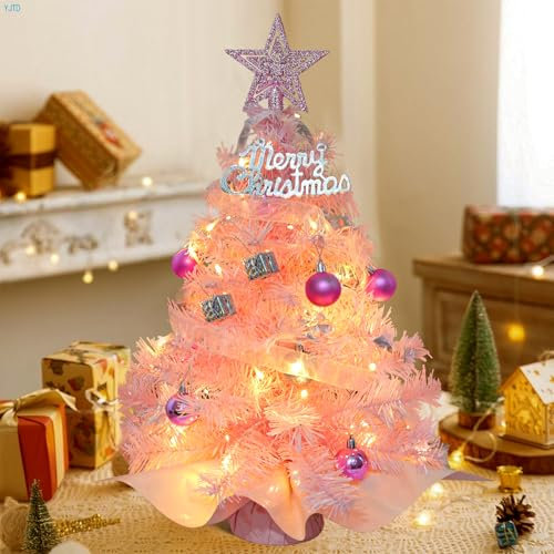 Weihnachtsbaum künstlich Weihnachtsdeko Baum Mit Led Lichterkette Mit Beleuchtung und Baumwipfel-Stern Weihnachten Dekoration für Home Office Shop Desktop, Mini Weihnachtsbaum Rosa