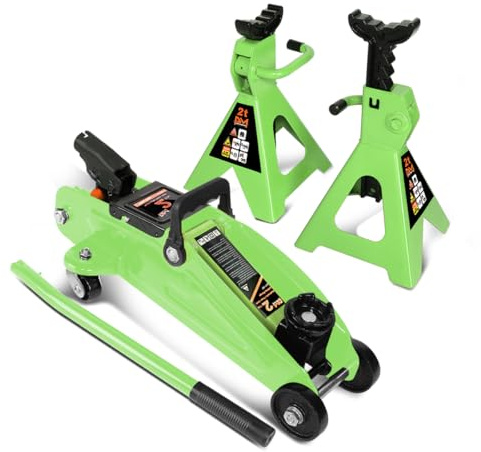 PM PERFORMOTOR Low Profile Hydraulic Trolley Service/Floor Jack Combo with 2 Ratchet Jack Stands, 2 Ton (4000 lbs) Capacity, Green,PM-TOL-FJ3P-GR
