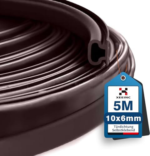 XEEINC 5m Guarnizione Porta Finestra, 10mm(L) X 6mm(P) Gomma Paraspifferi Guarnizione Adesiva per Finestre Porta Blindata, Isolamento Acustico, Anti-Collisione - Marrone