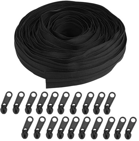 20 M Cerniera Lampo Lunga, Cerniere Lampo Nera Con Zip, Cerniere Lampo Catena Continua, Cerniere Lampo A Metro, Zip Cerniere In Nylon Con 20 Cursori in Metallo, per Giubbotti Abbigliamento Borse
