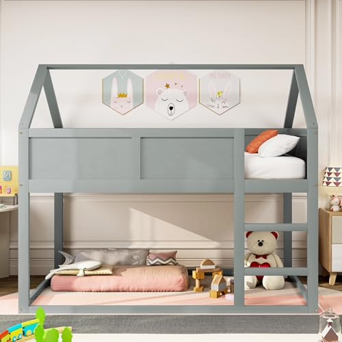 Moimhear Litera infantil, 90 x 200 cm, cama individual baja, cama alta con escalera, marco de madera maciza (gris)