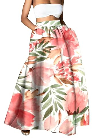 Jupes d'été pour femme - Jupe florale grande taille - Jupe à imprimé floral - Jupe bohème avec poches - Jupe maxi extensible taille haute - Vêtements d'été, rose, XXL