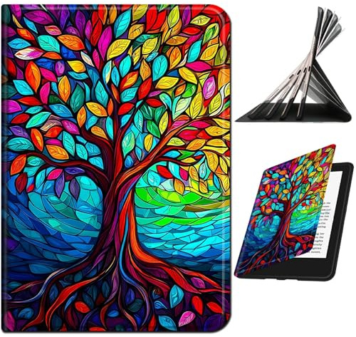 RWUTYTIUL Schutzhülle für Amazon Kindle Fire HD 8 und 8 Plus (12. / 10. Generation, 2024/2022/2020), stoßfest, intelligent, mehrwinkelig, mit automatischer Schlaf-/Wachfunktion, bunter Baum