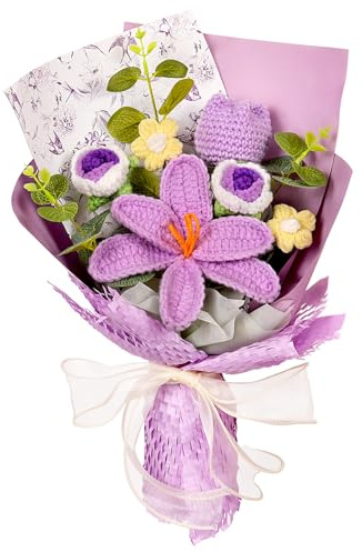 Wishwell Pop Blumenstrauß Gehäkelt, Tulpen Rosen und Gänseblümchen, Lila | Handgemachte Häkelblumen Geschenk für Mama, Freundin und Familie zu Muttertag, Hochzeitstag, Geburtstag und als Dekoration