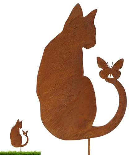 Gartenstecker Katze Deko Gartenstecker zum Schraube in Holz, Metall Rostige Gartendeko für Draußen Wetterfest Herbst Rost Katze Deko für Den Außenbereich, Garten, Rasen, Baumstumpfdekoration (Katzen)