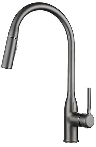 Gunmetal Gray Kitchen Faucet with Pull Down Sprayer Modern 360° Swivel Spout 2 Spray Modes Brass Mixer Tap Single Handle High Arc Sink Faucet for Home Kitchen