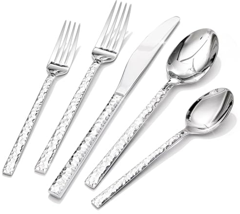 HIKAA Besteck Set 6 Personen aus Gehämmert, 18/10 Besteck 30-Teiliges | Edelstahl Essbesteckset für Zuhause, Partys, Hochzeiten, Cutlery Set Hochglanzpoliert Spülmaschinenfest, (Silber)