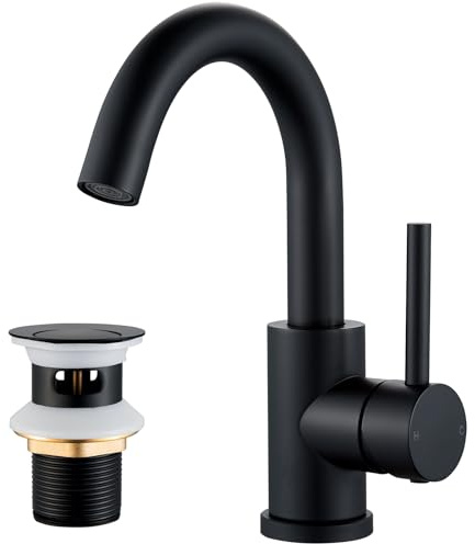 Rainysprit Black Basin Mixer Tap with Pop up Waste, Matte Black | Bathroom Sink Tap, Stainless Steel, 360° Swivel, G1/2 UK Standard Fittings, Hot & Cold Water Control