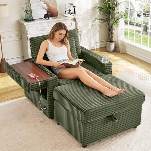 Chaise Lounge Chair Indoor, 34 W Corduroy Accent Chair with Sorage Ottoman/Wing Table/Charge Ports/Cup Holder, Modern Comfy Fluffy Upholstered Deep Seat Single Reading Sofa for Living Room, Green