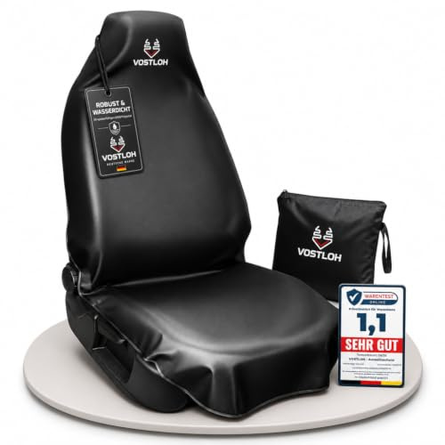 VOSTLOH Autositzschoner für Vordersitze – Wasserdicht (Schwarz) | Robuster 600D Polyester, universal passend für Pkw & Transporter, inkl. Aufbewahrungstasche