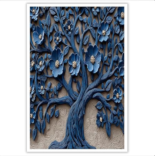 Blu Albero della vita Stampa su Tela Quadri Stile di rilievo pittura su tela poster Decorazione Murale Adatto Soggiorno Camera da letto 100x70 cm Senza Cornice