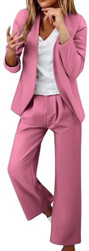 Smarta lediga kläder för kvinnor, uppklädda kläder för kvinnor plus size höst – eleganta affärer kontor arbetsset mode enkel långärmad kostym komfort blazers kappa och breda ben byxor outfit, Ljusrosa