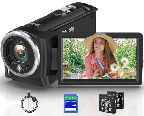 Tixeuo 2.7K Videokamera Camcorder QHD 50MP YouTube Vlogging-Kamera 16X Digitalzoom Webcam 270 Grad Rotation Bildschirm Camcorder mit 32G SD-Karte und 2 Batterien Aufnahme während des Ladevorgangs
