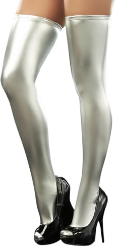 Nochesse Donna Finta Pelle Calze Autoreggenti, Sexy Wetlook Calza Coscia Collant Curvy Pu Stockings Overknees Hot Biancheria Intima per Halloween Discoteca Festa Clubwear (Argento)