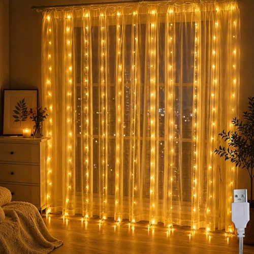 ZingBox USB Lichterketten Vorhang, Lichtervorhang Innen 3 * 3m 300 LEDs Lichterkette, Lichterkettenvorhang hängend Warmweiß mit 10 Haken für Ramadan Hochzeit Party Home Wand Schlafzimmer Deko