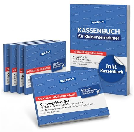 5 Stück Quittungsblock Kleinunternehmer A6 Quer Quittungsblock mit Durchschlag 2 x 40 Blatt Rechnungsblock Quittungsblock Selbstdurchschreibend für Buchführung inklusive Kassenbuch & Umschläge