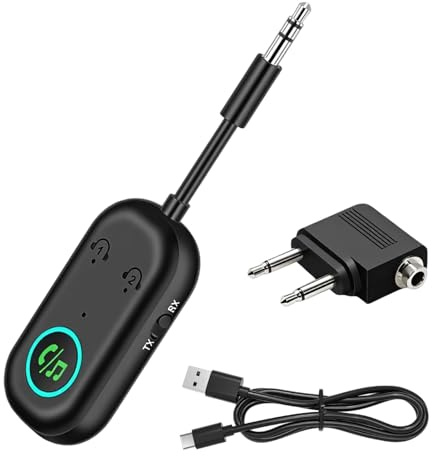 Transmisor Receptor Bluetooth 5.3 Jack 3.5mm para TV, Coche y Avión | Autonomía 16H, conmutador TX/RX, carga simultánea, llamadas manos libres, cuerpo ultrafino de 0.8cm para viajeros.