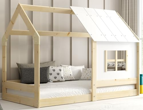 Interbeds Hausbett mit Dach Natur Kinderbett 80x160 Bodenbett Holzbett Einzelbett Montessori mit Rausfallschutz & Lattenrost für Jungen und Mädchen aus Massivholz (Naturton)