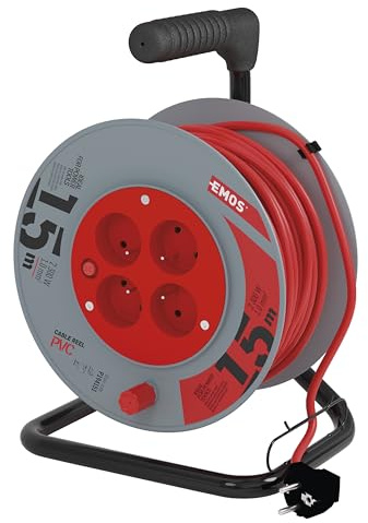 EMOS - Kabeltrommel 4x French-Steckdose, Kabellänge 15 Meter, FRENCH-Standard, PVC