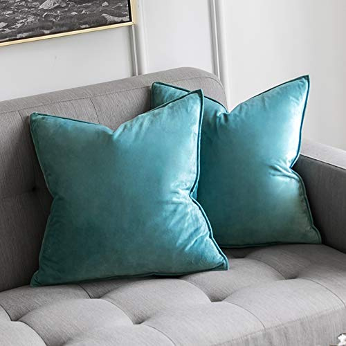 MIULEE Samt Kissenbezug 50x50 Kissen Blaugrün Kissenhülle Dekokissen | Sofakissen Dekorative Satin Umwickelte Kante Kissenbezüge Zierkissenbezug für Sofa Wohnzimmer Schlafzimmer 2er Set