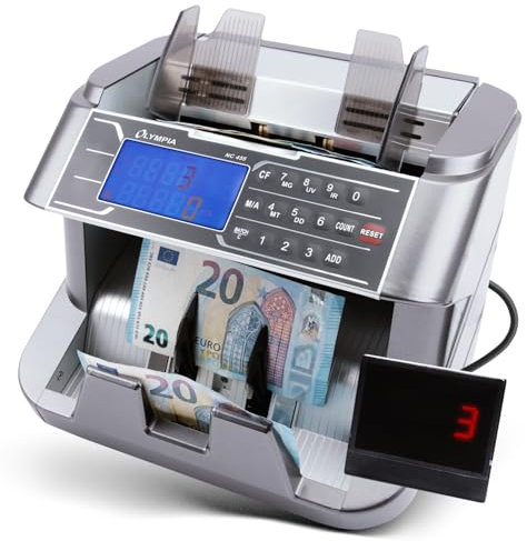 Olympia NC 455 Geldzählmaschine & Geldscheinprüfer | Geldzähler für alle Scheine | UV & MG Prüfung | Zählmaschine für 1-9999 Noten | LCD Display | 1000 Noten/Min | Autom. Start | Falschgeld Prüfer