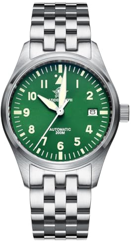 ADDIESDIVE Orologio Automatico Uomo Pilot Acciaio Quadrante Verde Luminescent Movimento NH35A Impermeabile 200 M