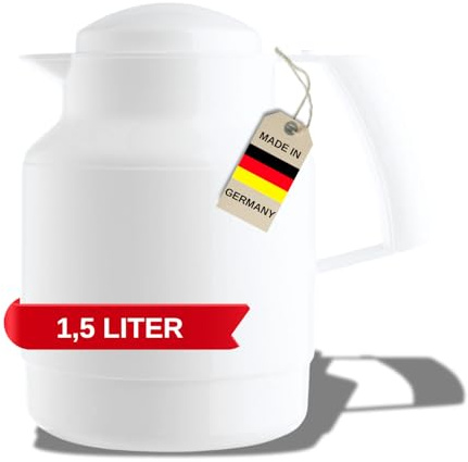 MARKUTEC Mobby Clip Isolierkanne - 1,5 Liter - Weiß – Weite Einfüllöffnung – Hochwertiger Glaseinsatz – Ideal für Tee & Kaffee