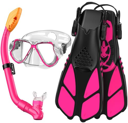Adicop Snorkelset för barn med flippers, torr topp, snorkelmask, helansikte, anti-dimma dykmask, snorkelset barn 6-14, resor barn snorkelmask med bärväska (rosa)