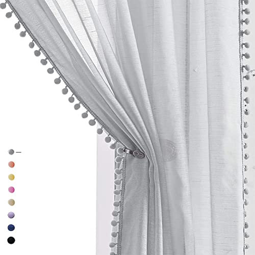 Grey Pom Pom Sheer Curtains for Bedroom Living Room 90 Inch Drop Pencil Pleat Linen Texture Voile Curtains Boho Light Filtering Semi-Transparent Window Treatment Drapes for Hotel, 52 Wide 2 Panels