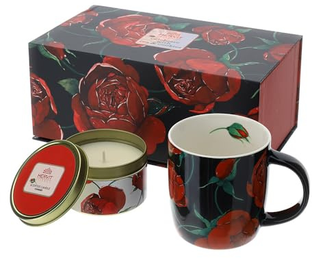 Hervit Set Schwarze Porzellantasse mit Rosen Baccarat + Duftkerze Cookies und Geschenkbox - Elegante Teetasse mit Rosen dekorative Kerze Duft Kekse - Geschenkset Frau Mutter Freundin