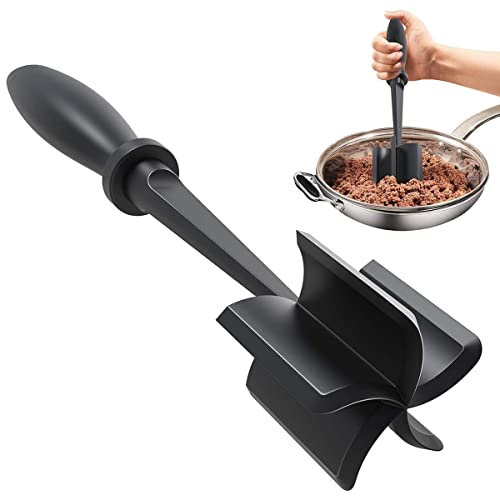 Caffney Heat Resistant Meat Masher with Non-slip Handle - Multifunctional Hamburger & Beef Masher, Non Stick Mix Chopper for Home Kitchen (Black)