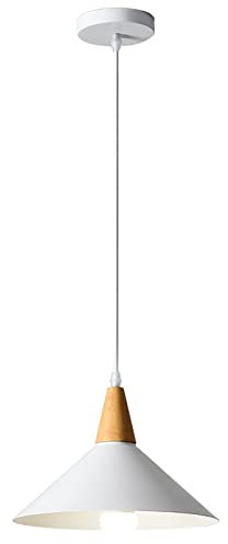 LIGKIN Lampadario a Sospensione Moderno E27 Lampadari Industriale Ø25cm Paralume Metallo Lampade a sospensione Legno per Cucina Sala da Pranzo Sala Caffè, Bianco