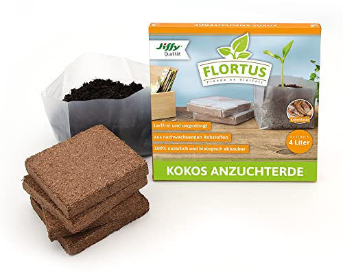 FLORTUS Kokos Anzuchterde | 60 g, ergibt 1 l | Kokosfasererde gepresst & ungedüngt | Torffrei Kokoserde für Pflanzen | Für Zimmerpflanzen, Gemüse, Obst, Kräuter und Blumen (4 Stücke)