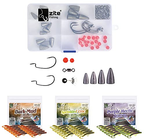 Zite Fishing Carolina/Texas-Rigbox-Set | 70 TLG. mit Glasperlen Offset-Haken Bleien Wirbeln UVM. | 36 Creature Bait Inzite Craw Gummiköder | Barsch & Zander