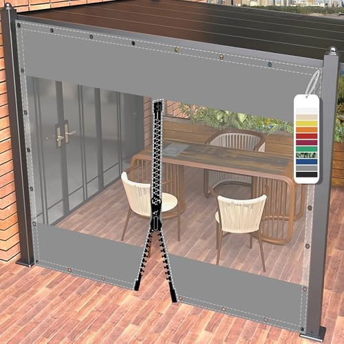 AMXFS Tarpaulin Transparent with Eyelets Waterproof 0.55mm,2mx2.4m Grey | PVC 580 g/m² Heavy‑Duty Weatherproof Tarp,Rain Protection for Terrace, Pavilion, Gazebo & Balcony, With 1 Zipper