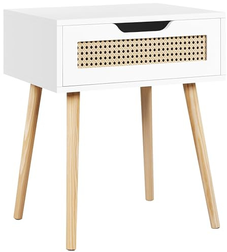 Yaheetech Nachttisch Rattan Beistelltish mit 1 Schublade Holzbeine Nachtschrank Nachtkommode Moderner Nachtkästchen für Wohnzimmer/Schlafzimmer, Weiß
