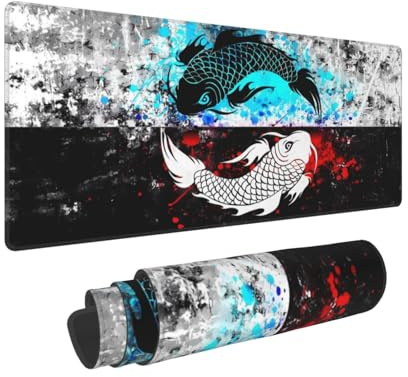 Yin and Yang Koi Fish Tapis de souris pour clavier de jeu japonais noir et blanc avec semelle en caoutchouc à bords cousus XL pour la maison et le bureau (80 x 30 cm)