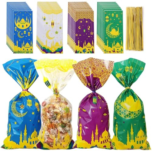Zkaoai Eid Mubarak Tüten, 100 Stk Ramadan Tüten zum Befüllen, Eid Mubarak Geschenktüten mit 100 Twist Krawatten,Ramadan Thema Geschenktüten Partytüten,Eid Mubarak Partytüten für Eid Mubarak Party Deko