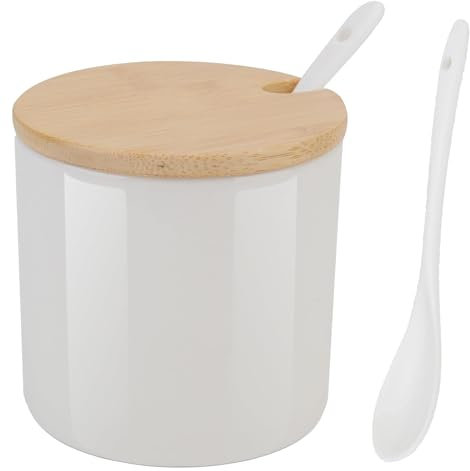 Yhuasia Salero y Azucarero Modernos, Tarros Sazonadores de Cerámica Con Cucharas y Tapas de Bambú para Guardar Azúcar, Sal (Blanco)