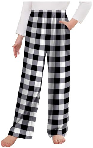 XINYUNZU Hosen für Mädchen Karierte Freizeithose mit Taschen Kinder Pyjama Hose Elastische Taille Schlafanzughose Girls Pants Lässige Baggy Hose 4-14 Jahre Alt Blitzangebote Schwarz 9 Jahre