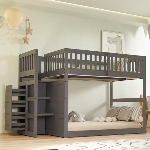 Etagenbett Kinderbett 140x200 cm, Hochbett mit Stauraum Schubladen & Treppe, Bettgestell mit Rausfallschutz und Lattenrost, Holzbett Stauraumbett Gastbett, Hohes Zaun-Design, Ohne Matratze (Grau)