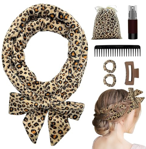 Lockenwickler Ohne Hitze, Heatless Curls Band Set Rutschfest Lockenwickler, über Nacht DIY Hair Curler mit Haarnadel Locken für Langes Mittleres Haar (Leopardenmuster)