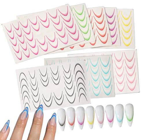 Guides pour ongles à pointe française, décalcomanies pour ongles à pointe française,8X autocollants d'ongles à pointe française à rayures d'estampage colorées | Autocollant de décoration d'ongles pour