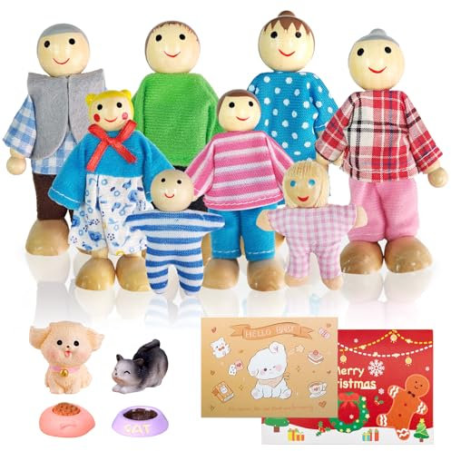 Rosedreamer Puppenhaus Puppen, 14 Stück Hölzerne Puppen Familie Set Biegepuppen Puppenfamilien Figuren mit Katze und Hund Spielzeug Mini Puppenfamilie für Puppenhaus Zubehör Geschenk