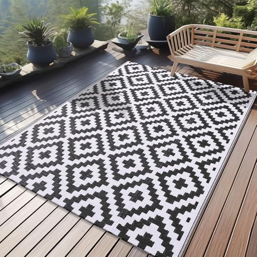 Homaxy Alfombra para exterior impermeable, de plástico con aspecto de paja, resistente a los rayos UV, reversible, plegable, lavable, para balcón, jardín, terraza, camping, picnic (120 x 180 cm, Negro