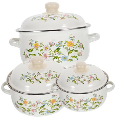 NAMOARLY 3Pcs Enamel Soup Pot Set Multi-Functional Stock Pots Flat Bottom Heat-Resistant Cookware for Baby Suitable for Cooking Soup, Porridge, Instant Noodles